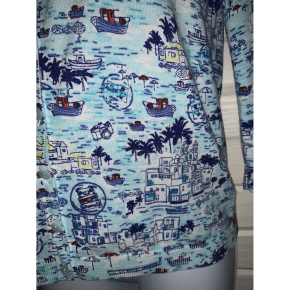 TALBOTS Sz ?? (See Meas) Blue Boating Scene Cotton Button Front Cardigan EUC - Picture 7 of 10